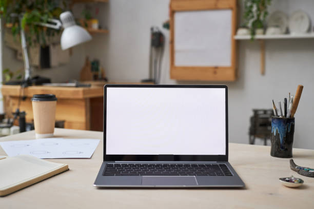 istock Background open laptop with white screen mock up 1447463757