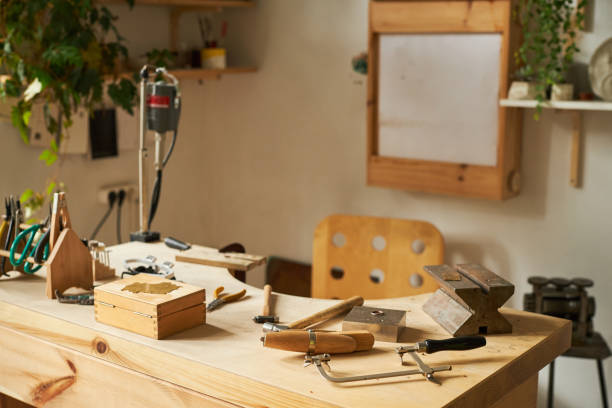 istock Background image of artisanal jewelers workstation 1447464049