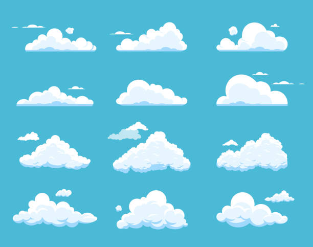 Cloudscape illustration Vector set of cartoon clouds isolated on blue background. Collection of different shapes cloud icons in flat style. Cloudscape illustration. Symbol for label, logo, pattern, web site, poster, wallpaper and print. cloudscape stock illustrations