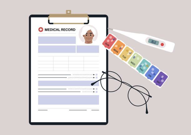 A set of senior patient's medical chart clipped to a clipboard, pill box, glass frames, and plastic thermometer A set of senior patient's medical chart clipped to a clipboard, pill box, glass frames, and plastic thermometer pill organizer stock illustrations