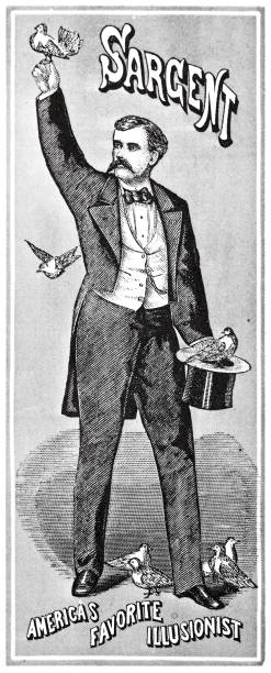 sargent, amerikanischer illusionist, hält einen ofenrohrhut und vögel - stovepipe hat stock-grafiken, -clipart, -cartoons und -symbole