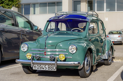 Barcelona, Spain-November 27, 2022. Renault 4CV, low-priced car that was produced by the French manufacturer Renault from August 1947 to July 1961.