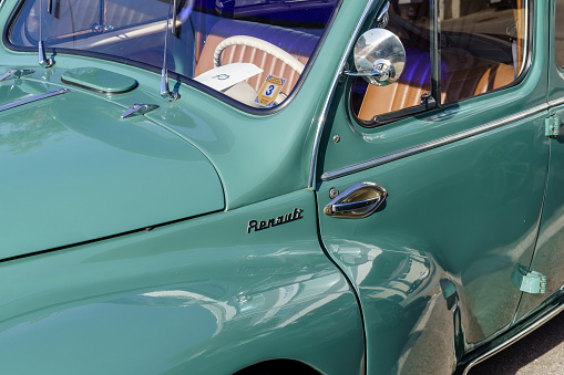 Barcelona, Spain-November 27, 2022. Renault 4CV, low-priced car that was produced by the French manufacturer Renault from August 1947 to July 1961.