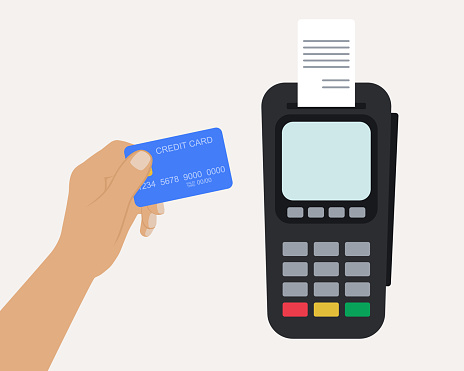 Contactless Payment By Credit Card And POS Terminal. Hand Holding Credit Card