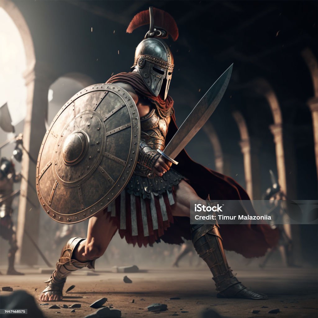 Gladiator in a helmet with a sword and shield in armor Gladiator in a helmet with a sword and shield in armor in the midst of a fight, vintage fights without rules, 3D graphic Warrior - Person Stock Photo