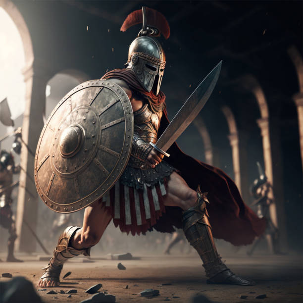 Gladiator in a helmet with a sword and shield in armor Gladiator in a helmet with a sword and shield in armor in the midst of a fight, vintage fights without rules, 3D graphic fighting photos stock pictures, royalty-free photos & images