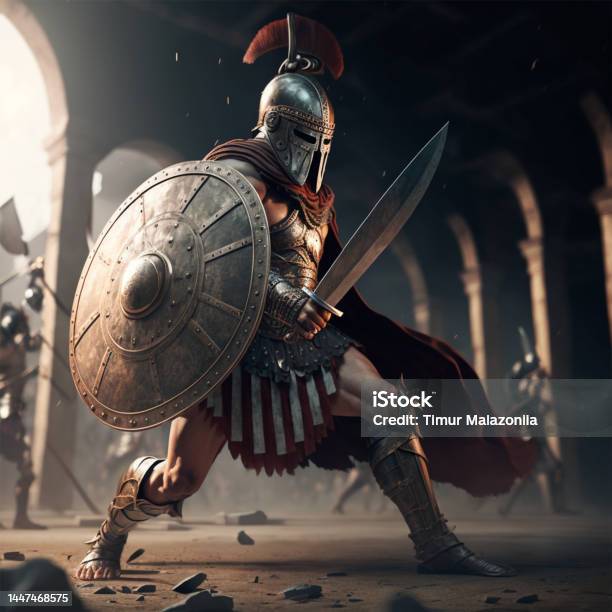 Gladiator In A Helmet With A Sword And Shield In Armor Stock Photo - Download Image Now