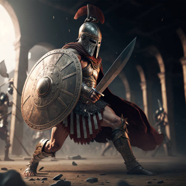 gladiador em um capacete com uma espada e escudo na armadura - roman - fotografias e filmes do acervo