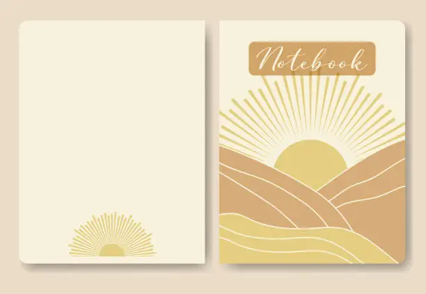 Vector illustration of Minimalist sunny valley template for notebook cover.