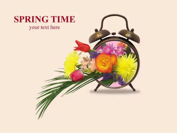 Photo of Modern art collage of alarm clock with bouquet of flowers.