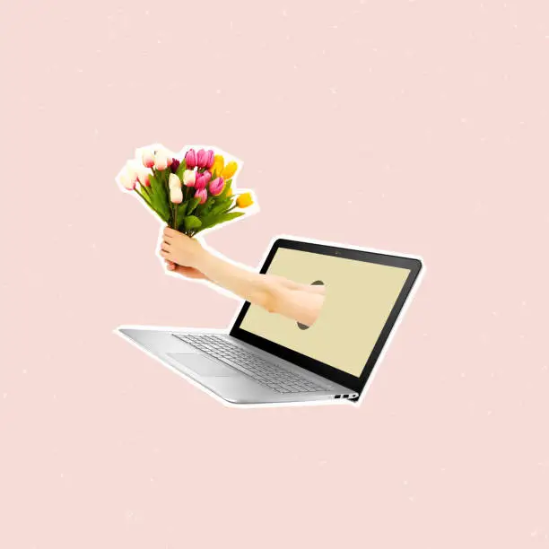 Photo of Modern art collage of laptop with hands holding a bouquet of tulips.