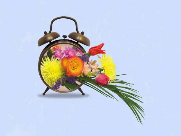 Photo of Сontemporary art collage of alarm clock with bouquet of flowers.