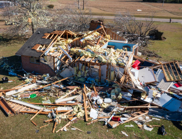 House destroyed by tornado, wind and weather stock photo