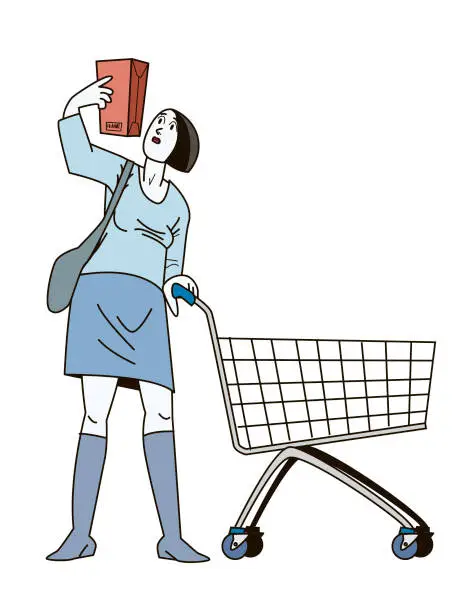 Vector illustration of Woman with Shopping Trolley Examines a Product