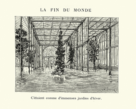 Vintage illustration Trees growing in giant glass house, Victorian Science fiction. Omega: The Last days of the World by Camille Flammarion. C'etaient comme d'immenses jardins d'hiver, They were like huge winter gardens
