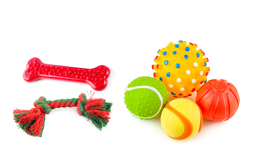 Dog toy balls, bone and rope, isolated on white background.