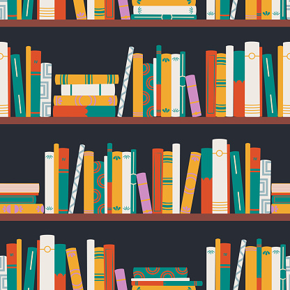 Repeating book spines. Bookshelf with various books. Vector seamless pattern on a black background. Ideal for design, print, fabric, packaging.