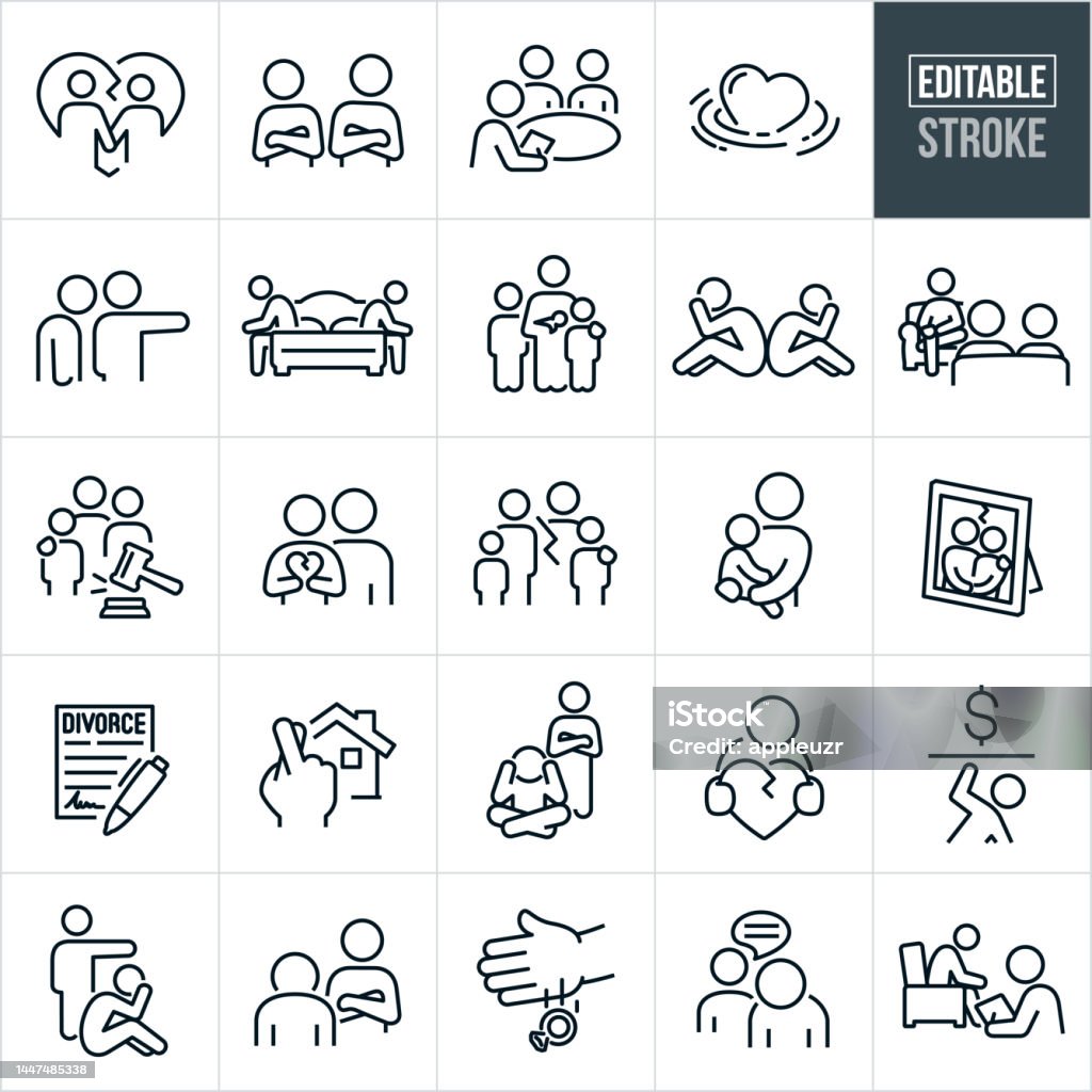 Icônes de ligne mince de divorce - Trait modifiable - les icônes incluent Divorce, Divorcé, Relations, Mari, Femme, Partenaires, Séparation, Annulation, Séparation, Rupture, Dispute, Homme, Femme, Petit ami, Petite amie, Famille - clipart vectoriel de Icône libre de droits Icônes de ligne mince de divorce - Trait modifiable - les icônes incluent Divorce, Divorcé, Relations, Mari, Femme, Partenaires, Séparation, Annulation, Séparation, Rupture, Dispute, Homme, Femme, Petit ami, Petite amie, Famille - clipart vectoriel de Icône libre de droits