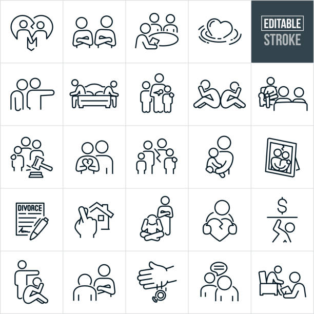 ilustrações de stock, clip art, desenhos animados e ícones de divorce thin line icons - editable stroke - icons include divorce, divorcee, relationships, husband, wife, partners, separation, annulment, splitting-up, breaking up, fighting, arguing, man, woman, boyfriend, girlfriend, family - despair depression adult boyfriend