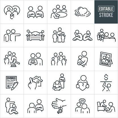 A set of divorce icons that include editable strokes or outlines using the EPS vector file. The icons include a couple in a heart shape with a crack to represent a break-up of the relationship or a divorce, a couple angrily facing away from each other with arms folded, divorce attorney finalizing divorce with a married couple, heart shape sinking in water, spouse pointing to the other spouse to get out or leave, married couple sitting on opposite sides of the bed with heads down due to relationship difficulties, single mother with child, sad married couple sitting back to back with head in hands, married couple seeing a marriage counselor, gavel and family to represent visitation rights after a divorce, married couple with the woman holding a broken heart to represent their broken marriage, family of four with a split down the middle, couple arguing, framed picture of a married couple with broken glass, divorce papers, house with fingers crossed to suggest that one party hopes to get the house after divorce finalized, married couple fighting, divorcee holding a broken hearth with head down, divorcee being crushed by money to suggest the financial burden associated with being divorced, hand dropping a wedding ring to suggest a divorce, husband verbally abusing his wife, divorcee in counseling,