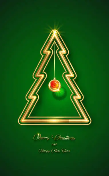 Vector illustration of Gold geometric christmas tree with handwritten calligraphy isolated on green background. Design template for greeting card, invitation, flyer, poster. Vector Golden luxury xmas decoration