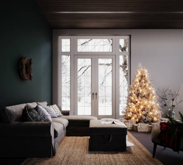 istock Cozy Christmas interior with white Christmas tree and decoration 1447487363