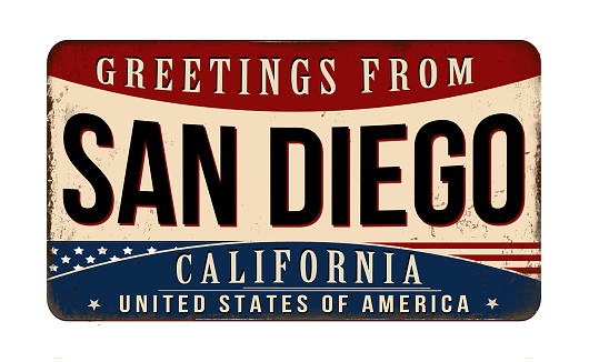 Greetings from San Diego vintage rusty metal sign on a white background, vector illustration