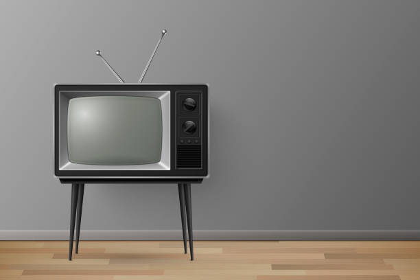 istock Vector 3d Realistic Retro TV Receiver on a Wooden Table Stand. Home Interior Design Concept. Vintage TV Set on the Wooden Floor. Television, Front View 1447492329