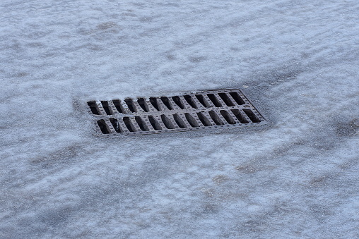 Gutter Texture Rood One Rectangular Gutter From An Iron Brown Grate On A Road In Gray Ice ...