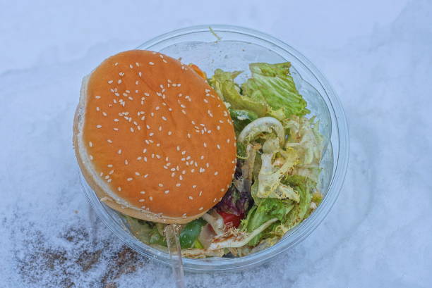 green salad with round brown cheeseburger in a plastic plate stands on white snow on the street