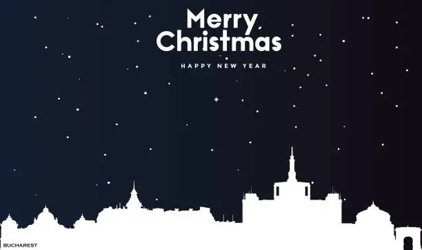 Vector illustration of Christmas and New year dark blue greeting card with white panorama of Bucharest