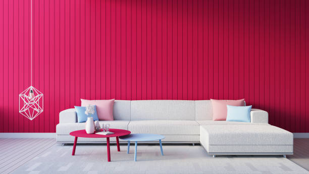 2023년 올해의 비바 마젠타 빨간색 벽 색상 거실 인테리어 - 3d 렌더링 - viva magenta 뉴스 사진 이미지