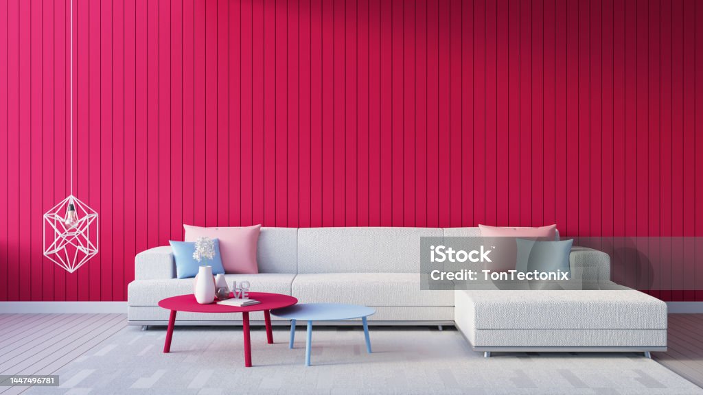 Viva Magenta red wall color of the year 2023 living room interior - 3D rendering Home Showcase Interior Stock Photo Viva Magenta red wall color of the year 2023 living room interior - 3D rendering Home Showcase Interior Stock Photo