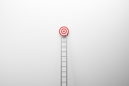 Ladder leading to target on white wall background with mock up place. 3D Rendering