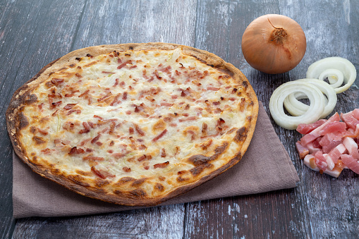 Ready to eat traditional Flammkuchen or tarte flambée