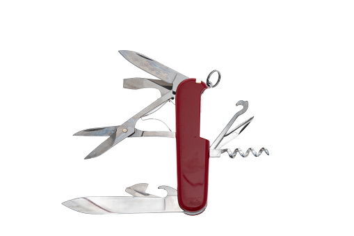 An opened all purpose utility pocket penknife - white background