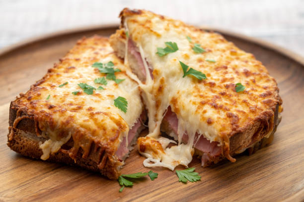 Croque monsieur cheese and ham toasted sandwich stock photo