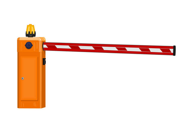 istock Barrier gate isolated on white background. Parking car, checkpoint, railroad or roadblock border. 1447502008