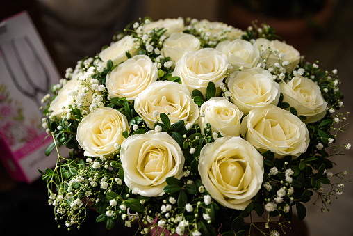 A wedding bouquet with white roses
