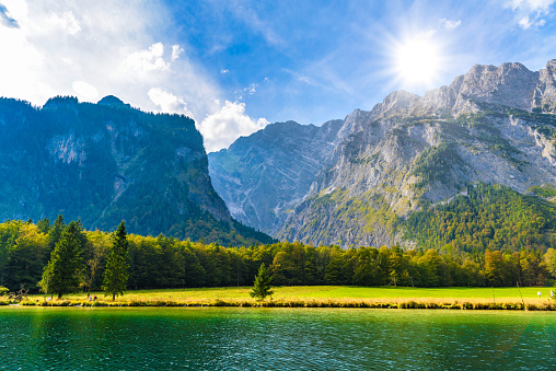 Koenigssee lake with Alp mountains in Konigsee, Berchtesgaden National Park, Bavaria, Germany.