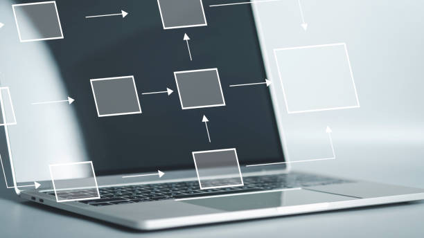 Business flowchart diagram and workflow automation in mindmap or organigram on virtual screen. A businessman is using a laptop to come up with a new project with an empty text box for your text. diagrama de flujo de negocios y automatización del flujo de trabajo en mapa mental u organigrama en pantalla virtual. un hombre de negocios está usando una computadora portátil para crear un nuevo proyecto con un cuadro de texto vacío para su texto.