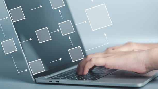 Business flowchart diagram and workflow automation in mindmap or organigram on virtual screen. A businessman is using a laptop to come up with a new project with an empty text box for your text. diagrama de flujo de negocios y automatización del flujo de trabajo en mapa mental u organigrama en pantalla virtual. un hombre de negocios está usando una computadora portátil para crear un nuevo proyecto con un cuadro de texto vacío para su texto.