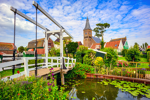 Dutch village De Rijp with canals and a bridge. De Rijp is a village and former island in the Dutch province of North Holland