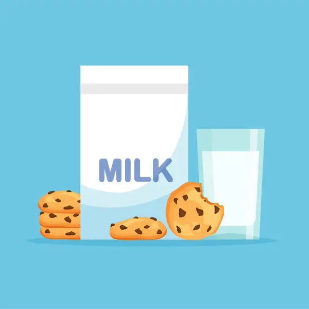 Vector illustration of Milk packaging and full glass of milk with traditional chip cookies with chocolate.