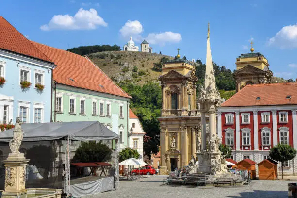 Mikulov Old town's central square and the Holy Hill (Svaty Kopecek), Moravia, Czech Republic