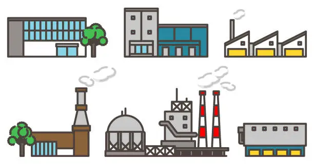 Vector illustration of Simple and cute set of vector illustrations of a factory
