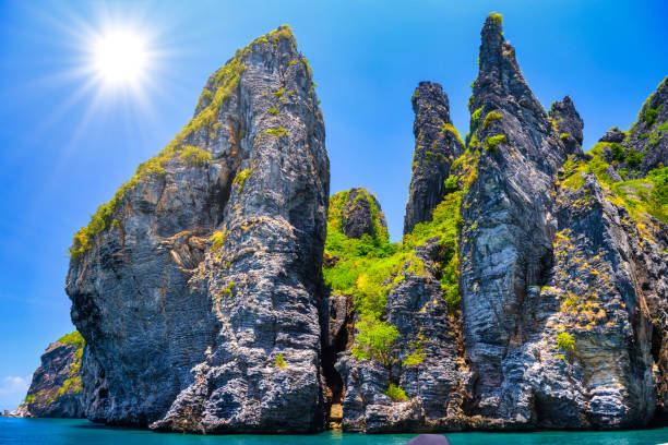 Rocks cliffs in the sea, Ko Yung island, Phi Phi, Andaman sea, Krabi, Thailand