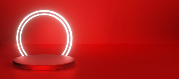 istock Abstract neon lighting red product presentation pedestal podium platform on the red background 1447511523