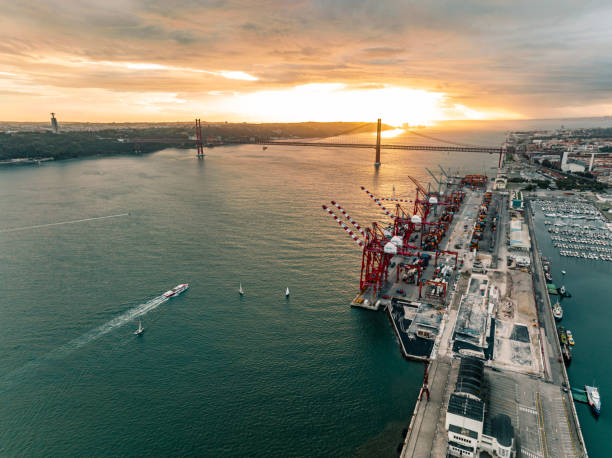 A container terminal in Lisbon nearby the river