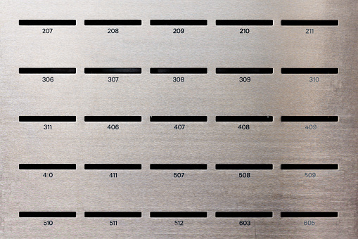 Closeup on a brushed metal wall with numbered mail slots.